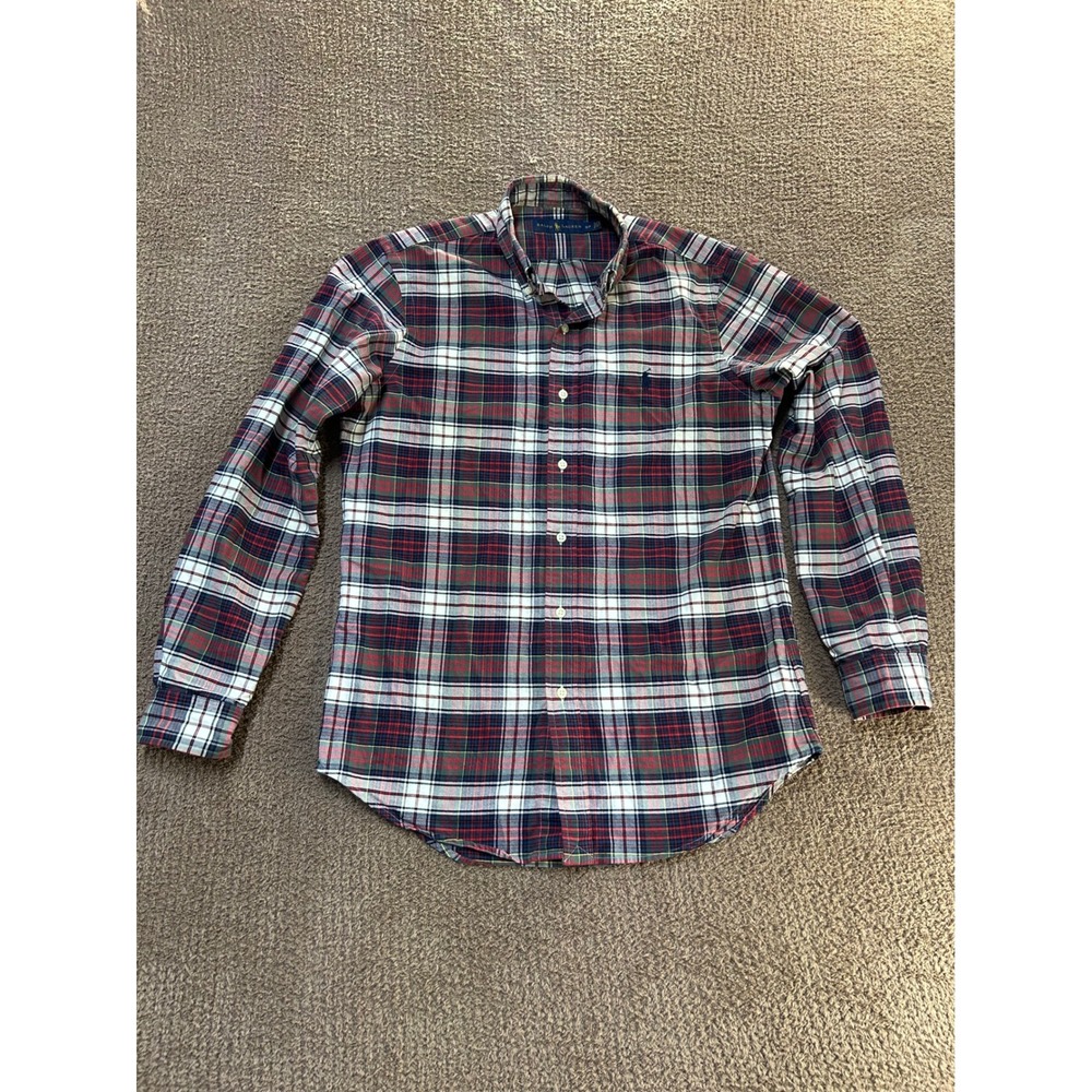 Ralph Lauren Mens Small Plaid Button Down Shirt Red Navy Blue Long Sleeve Cotton